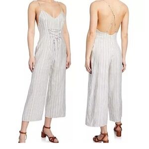 NWT J Brand Lace Up Backless Jumpsuit Womens Size L Wide Leg White Gray Stripe